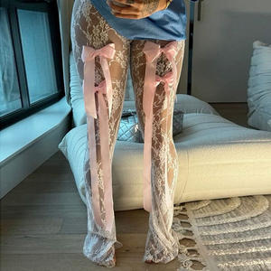 See Through Bow Lace Trousers Pantalon droit pour les leggings d'été pour femmes - Product Image 1