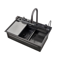 Évier de cuisine multifonctionnel intelligent avec robinet extractible et robinet cascade et accessoires Nano Noir