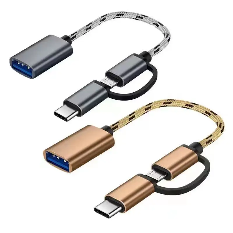 Naylon örgü mikro/C tipi 2 in 1 USB 2.0 OTG adaptör kablosu Data Sync adaptör kablosu cep telefonu için fare klavye bağlayıcı