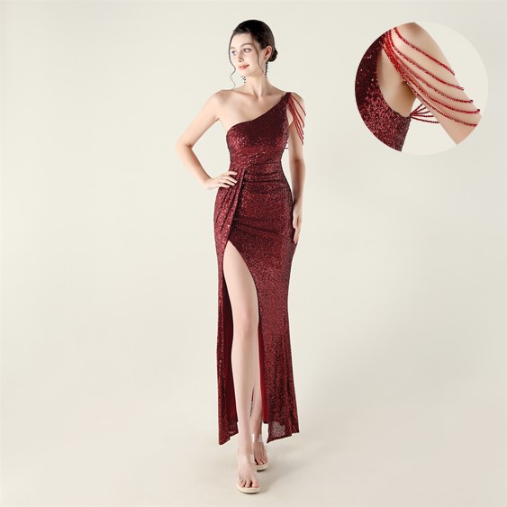 33539# Kalinnu Dress - One-Shoulder Sequin & Bead Embellishment