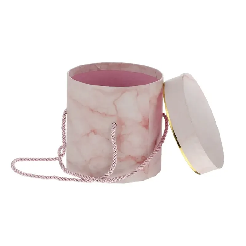 사용자 정의 라운드 포장 종이 튜브 평면 가장자리 실린더 모양 종이 양동이 선물 상자 리본 핑크 종이 튜브