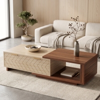 Table basse moderne de luxe en bois bicolore avec tiroirs à motif chevron et étagère de rangement ouverte pour salon et mobilier de villa