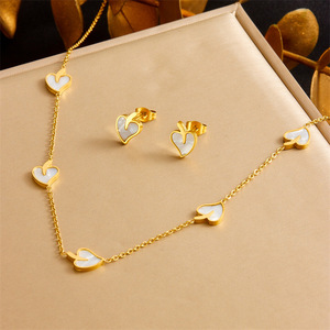 Heart Shape Stainless Steel Jewelry <b>Set</b> For Women Gift Fashion Necklace Earrings <b>Bracelet</b> White Shell Design - Product Image 2