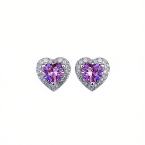 Orecchini a perno E396 a forma di cuore viola con ametista incastonata a griffe per l'uso quotidiano da donna, gioielli in lega di zinco - Product Image 1