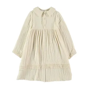 Solid Color Good Quality Fashion Custom Kids Clothes Formal Brown White Color Girls Dresses Cotton Linen Dresses For Girls