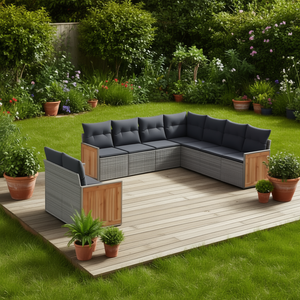 Ensemble de canapés de jardin gris en rotin et teck, 6 places, avec coussins, mobilier d'extérieur au design contemporain - Product Image 2