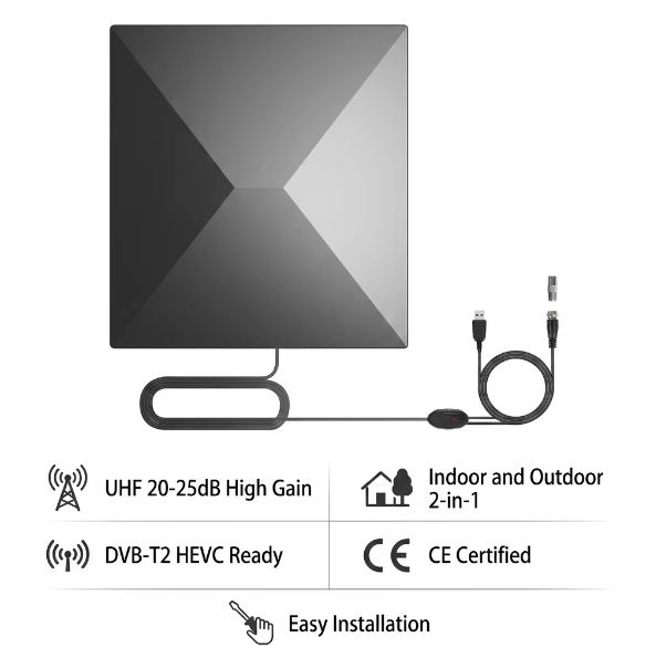 UHF DVB-T2 Indoor Outdoor TV Antenna 4K 1080P HEVC Compatible CE Certified Supply to EU Wholesalers