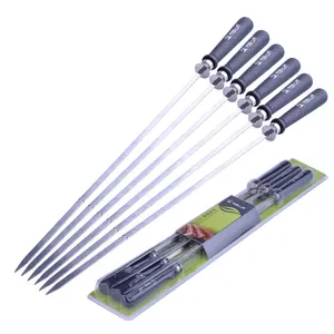 6 brochettes de barbecue en acier inoxydable avec long manche en <span class=keywords><strong>bois</strong></span>, réutilisables, pour hot-dogs, poissons et viandes - Product Image 1