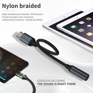 محول USB <span class=keywords><strong>C</strong></span> إلى ، محول أنثى مع DAC Hi Res صوت 24bit/kHz من النوع <span class=keywords><strong>C</strong></span> إلى headaux Jack Dongle كابل صوت نايلون مضفر - Product Image 3