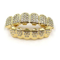 Grillz de Dientes Chapados en Oro con Diamantes de Imitación Estilo Hip Hop para Halloween, Accesorios de Joyería de Moda al por Mayor para Hombre, Caja de Regalo, Estilos de Rapper para Fiestas