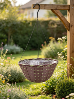 Pot suspendu sculpté à la main de style américain en ciment violet, marron et vert clair, en forme de bol, avec doublure imperméable et crochet métallique pour la maison