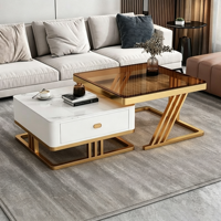 Juego de Mesa de Centro Retráctil Moderna y Lujosa, Soporte para TV, Mesas Nido de Piedra Sinterizada con Vidrio Tintado, 2 Cajones, Base de Metal, Estilo Italiano