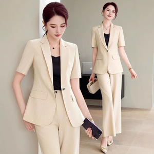 Women's Suit Set Champagne Color Short Sleeve Breathable Lightweight Casual Formal Wear With Pocket Solid Color Polyester Fabric - Product Image 2