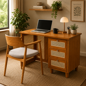 Japandi <b>Solid</b> Teak Eco-Friendly Durable Office <b>Desk</b> Cane Panel Storage Upholstered Chair <b>Wooden</b> Workspace Furniture Collection - Product Image 5