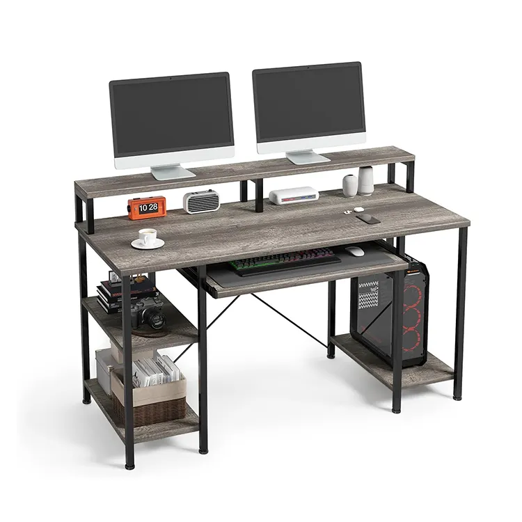 2023 yeni sıcak satış rekabetçi fiyat L ofis masası Vintage kahverengi bilgisayar masası raflar ile