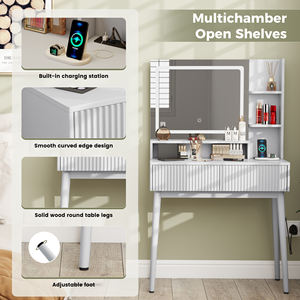 Bureau de toilette moderne en bois avec miroir LED éclairé, tiroirs de rangement et station de charge pour chambre, salle de bain et hôtel - Product Image 4