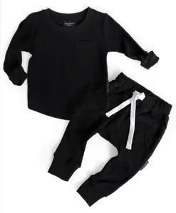 Baby Herbst Kleidung T-Shirt und Hosen Waffel lange Ärmel gebogen Saum Tasche Pullover T-Shirt Hosen Set
