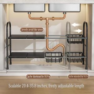 Organisateur d'évier de cuisine en métal à 2 niveaux, plateau de rangement extensible à longueur réglable, support autoportant à double niveau - Product Image 4