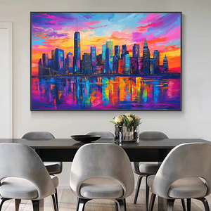 Quadro Paesaggistico Urbano Dipinto a Mano in Stile Art <span class=keywords><strong>D</strong></span>éco: Tramonto Vibrante e <span class=keywords><strong>Riflessi</strong></span> Cittadini su Tela Acrilica per Arredamento Soggiorno - Product Image 4