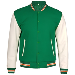 Blouson universitaire personnalisé vert crème à boutons-pression, col, poignets et ourlet en tricot côtelé rayé, style Letterman classique, vente en gros de vêtements en vrac - Product Image 1