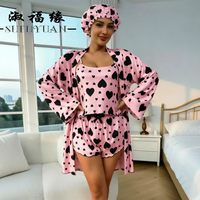 P584 Rosa-Schwarzes Herz-Print Geripptes 4-teiliges Pyjama-Set mit Duschhaube, Camisole, Shorts und Bademantel für Damen