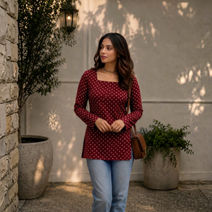 Kurti court imprimé en viscose pour femme, col carré, manches longues, haut ethnique décontracté pour le bureau et l'université - Product Image 1