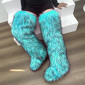 أحذية نسائية جديدة طويلة فوق الركبة بمقدمة مستديرة، أحذية فرو ناعمة بكعب مسطح، أحذية طويلة الساق من الفرو المنغولي الصناعي - Product Image 5