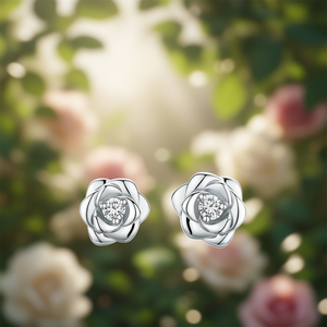 Orecchini a Perno con Fiore in Oro Bianco e Diamante Rotondo, Montatura a Griffe in Argento 925, Gioielli Romantici da Donna per Uso Quotidiano - Product Image 2