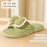 Chaussons d'intérieur en tissu pour femme, style coréen, à nœud et dentelle, bout ouvert, semelle triple couche, silencieux et doux, vente en gros
