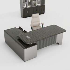 Ensemble de mobilier de <span class=keywords><strong>bureau</strong></span> minimaliste pour PDG : Grand <span class=keywords><strong>bureau</strong></span> informatique avec plateau en bois foncé et panneau frontal à lattes pour centre d'affaires - Product Image 2