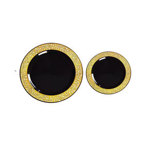 Assiettes rondes jetables en plastique dorées de style occidental de 7,5 pouces et 10,25 pouces, assiettes creuses noires à bord doré pour fête chinoise - Product Image 4