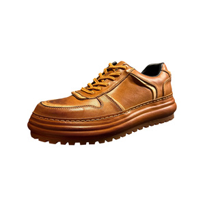 Men's Genuine <b>Leather</b> Casual Shoes Thick Soled Height Increasing Breathable Lace Up <b>Sneakers</b> Retro Brown Mid Heel Daily Wear - Product Image 1