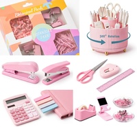 Ensemble d'organisateurs de bureau en plastique rose personnalisé, kit d'accessoires de papeterie esthétiques, distributeur de ruban adhésif, agrafeuse, ciseaux, calculatrice, pour étudiants