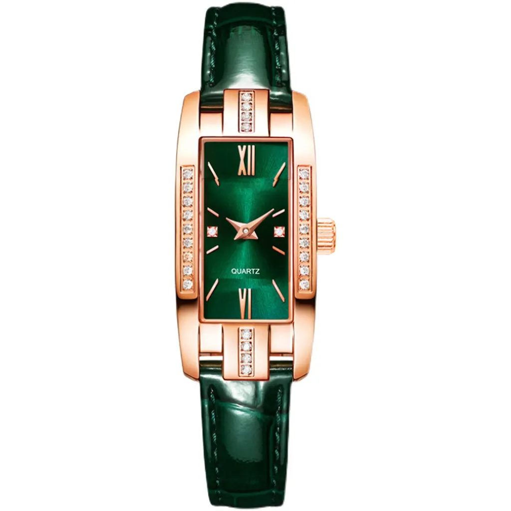 Luxury Watches Women Square Rose Gold Wrist Watches Green Leather Fashion Watches Female Ladies Quartz Clock Gifts montre femme