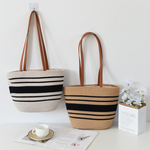 Woven Women's Tote Bag Striped Design PU Handle Large Capacity Everyday Use - Product Image 1