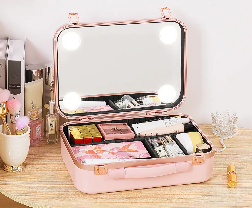 Custom Makeup Bag Luxury Beauty Daily Care Vanity Mirror Bag Cosmetics Storage Portable Makeup Box With Led Light For Woman