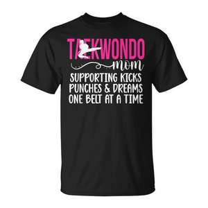 T-Shirt Taekwondo Mom noir à col en v et manches courtes, taille petite, soutient les rêves de coups de pied et de poing, une ceinture à la fois - Product Image 1