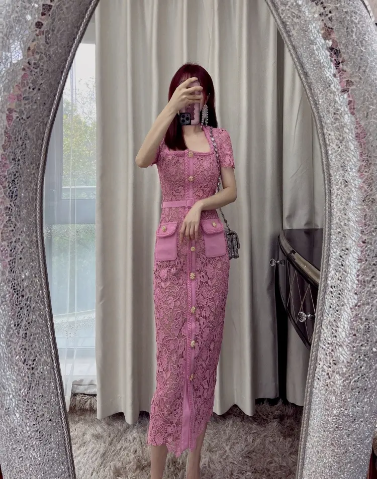 OUDINA Großhandel Damen bekleidung Kurzarm Spitze Party kleid Luxus Abendkleider für Frauen