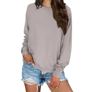Custom 2023 Fall Women's Solid Color Sporty Sweatshirt Casual Loose Crew Neck Long Sleeve Pullover Ribbed Cuffs Hem Tops