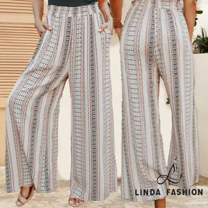 Linda Garment Guangzhou Factory Wholesale Fashion Printed Flare Pants High Waist Ladies Casual Trouser Pants Women
