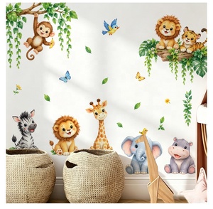 Adesivi murali in PVC con simpatici animali della giungla, piante verdi, farfalle, piccoli uccelli, autoadesivi, cartoni animati, moderni e minimalisti - Product Image 3