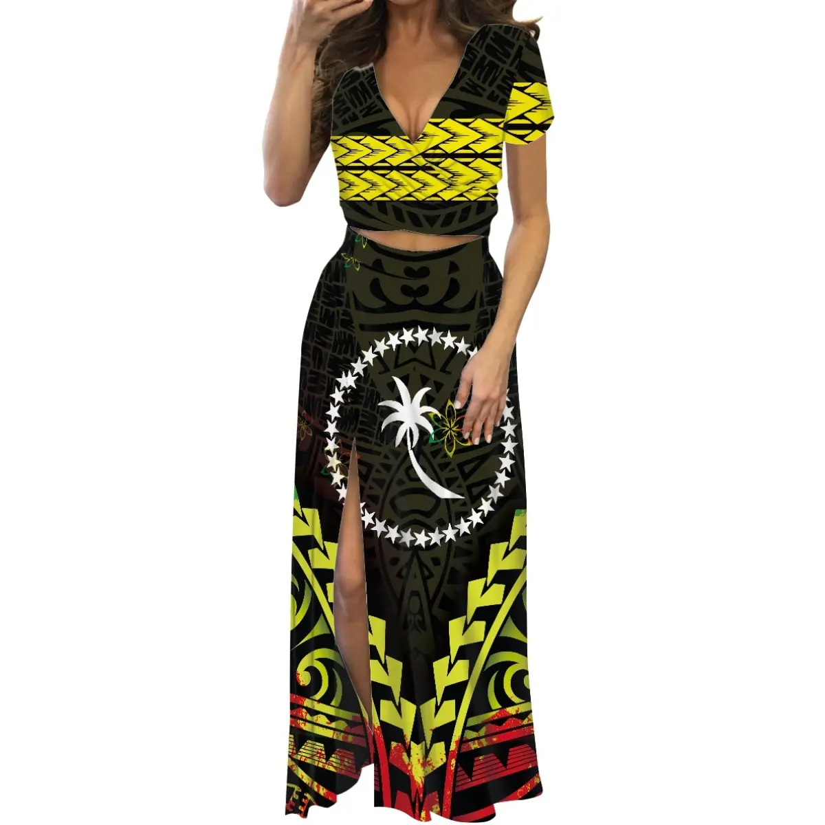 Women's Polynesian Chuuk Dress Deep V Neck 2 Piece Outfits Short Sleeve Skirt Sets Wide Waist Wrap Polyester Flowy Maxi Dresses