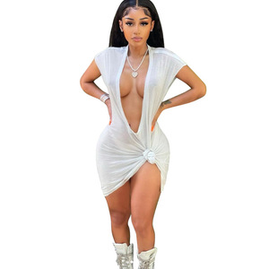Fabricantes de ropa de mujer <span class=keywords><strong>2022</strong></span> Mini vestido liso con cuello en V profundo logotipo personalizado vestido de verano Color sólido moda Sexy vestido - Product Image 6