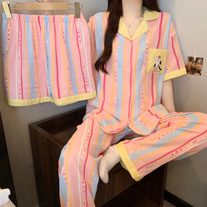 Conjunto de Pijamas Lijia Sweet Girl em Algodão Nuvem Respirável, Roupa de Três Peças com Manga Curta, Pijamas Listrados para Mulheres - Product Image 2