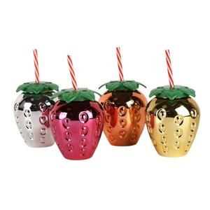 Plastic Strawberry Shape Party Drink <b>Cup</b> <b>With</b> Straw <b>With</b> <b>Lid</b> Electroplated Finish <b>Reusable</b> Party Event Custom Logo Wholesale - Product Image 1