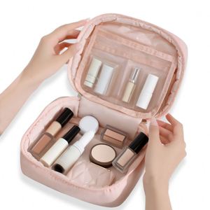 Custom Logo Quilted Makeup <b>Bag</b> with Handle Portable Cosmetic Organizer <b>Bag</b> with <b>Clear</b> Pocket for <b>Travel</b> - Product Image 5