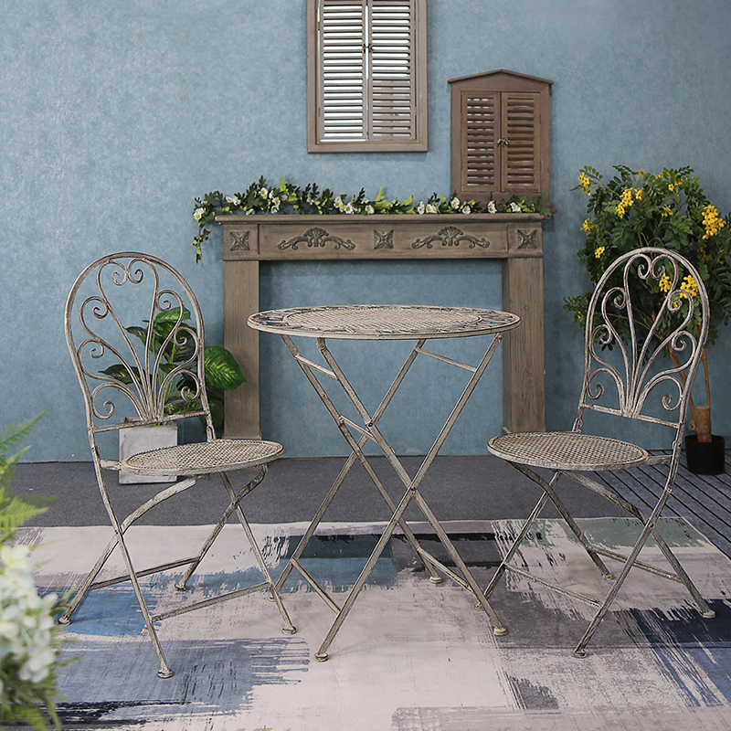 Conjunto de mesa redonda y silla de jardín, conjunto de 3 piezas antiguo Vintage gris, venta al por mayor