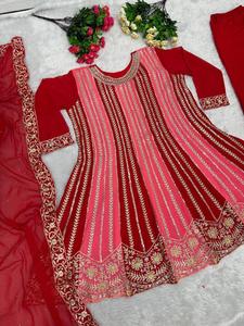 Hermoso diseñador rojo indio 3-PC Readymade Salwar Kameez bordado terciopelo Kurta Palazzo Dupatta impreso decoración fiestas - Product Image 4