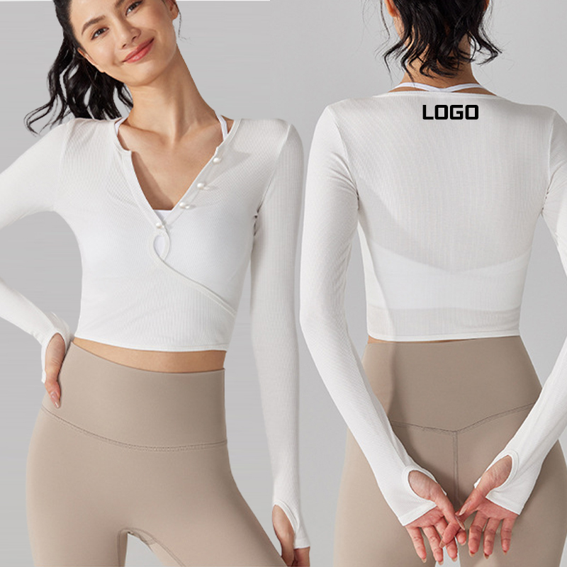 Hot Selling Women's High V-Neck Button Design Sports T-Shirt Long Sleeve Yoga Top Running Fitness Quick Dry Breathable Printed