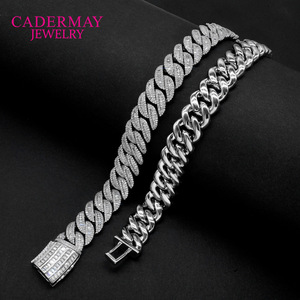 Cadermay Jewelry Cuban Chain Bracelet 15mm S925 Silver Moissanite Inlaid Micro Pave Geometric Design Everyday Wear - Product Image 1